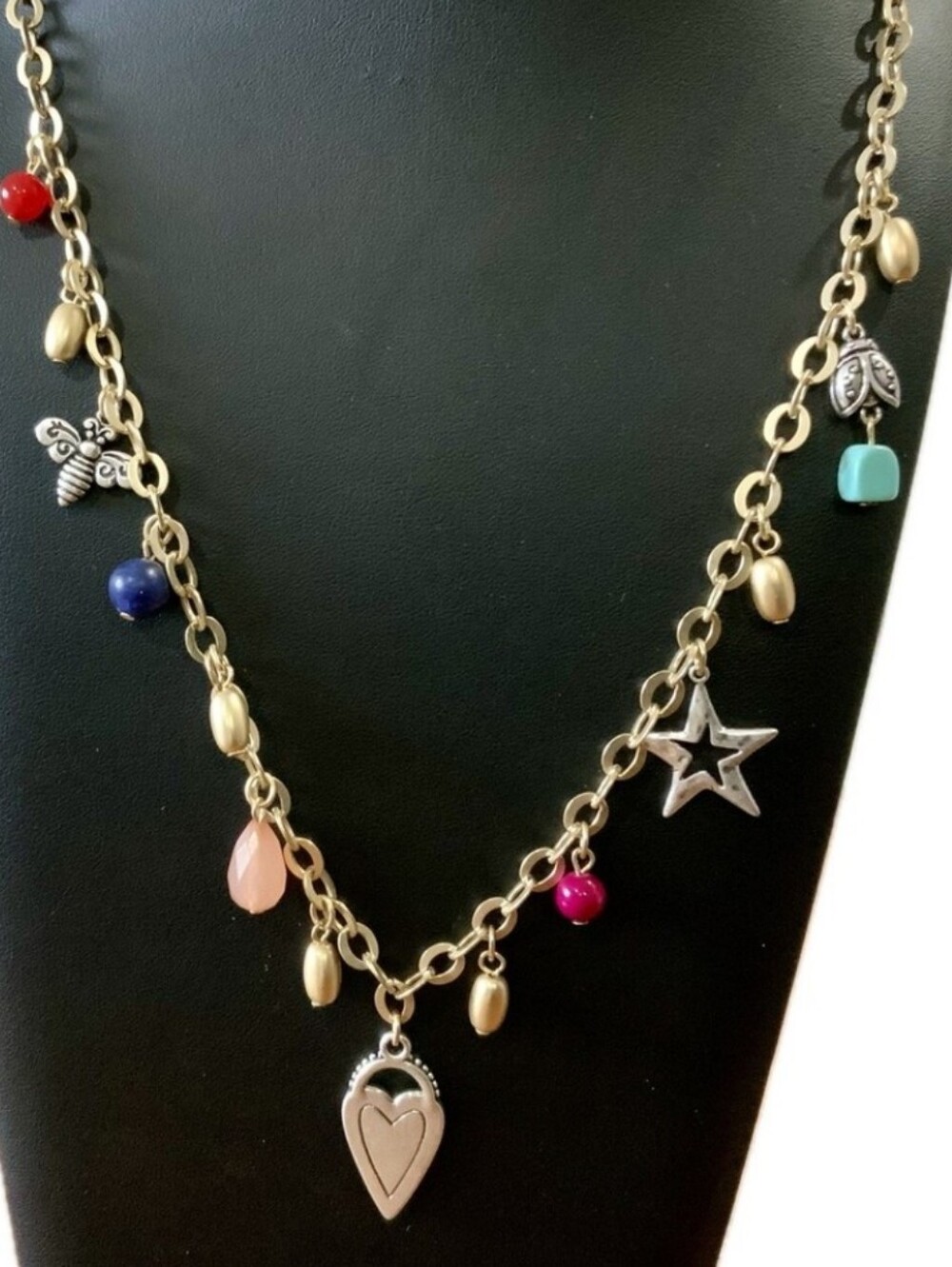 Chico's Multi-Charm Link Necklace Womens OS Gold Mixed Media Boho Size OS